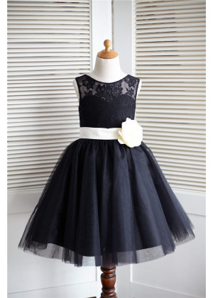 Black Lace Tulle Knee Length Elegant Flower Girl Dress